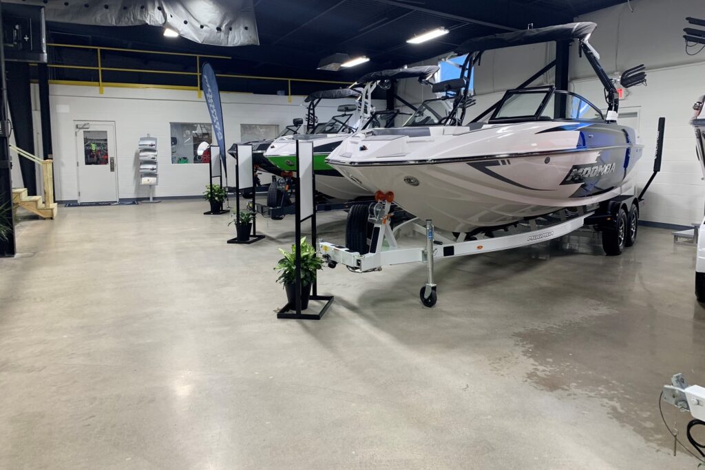 Boat showroom with stained concrete floors