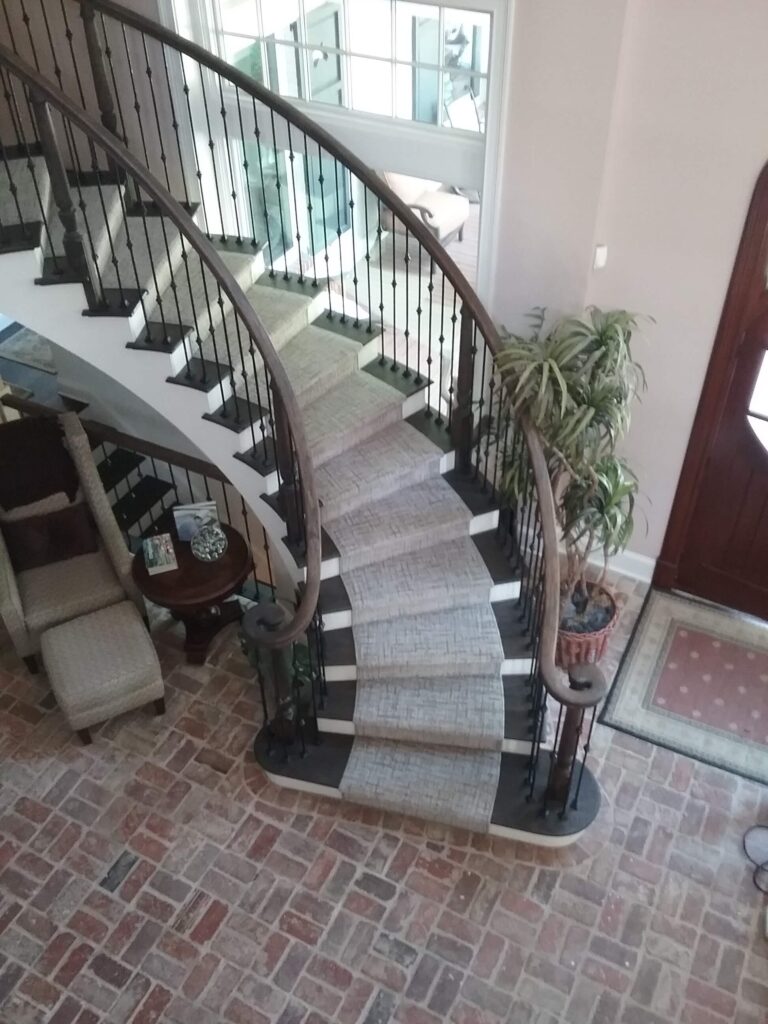 Gray patterned carpet on staircase